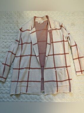 LOFT Cream Cardigan with Rust Windowpane Plaid